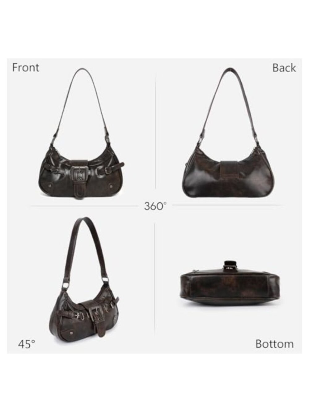 Vegan Leather Crescent Hobo Bag for Women Zipper Closure Casual Shoulder Bag - Picture 2 of 6